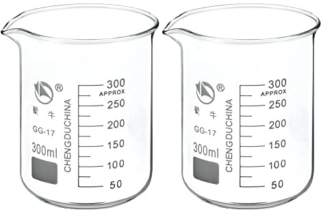 PATIKIL 300ml Low Form Glass Beaker, 2 Pack 3.3 Borosilicate Glass Graduated Printed Scale Measuring Cups with Spout for Kitchen Lab Liquids Transit Boiling
