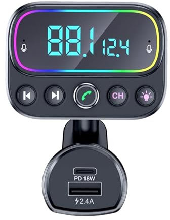 TTAKTEK Bluetooth 5.0 FM Transmitter for Car, 18W USB C Fast Car Charger, Bluetooth Car Adapter Radio Receiver with Dual Mic/2.0 Screen/3 USB Ports/9 Colour LEDs, Support U Disk/AUX Output