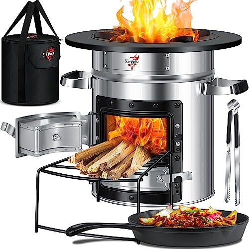 KESSER® Raketenofen mit Grillpfanne aus Gusseisen | inkl. Grillzange & Tragetasche | Dutch Oven 6 integrierte Spikes | BBQ Rakete Holzofen | Camping Outdoor-Campingkocher | Campinggrill Edelstahl