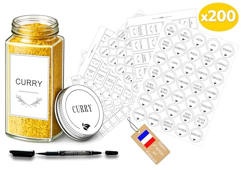 Etiquetas adhesivas para tarros de cocina (Rondas + rect. – 200 etiquetas de especias blancas)