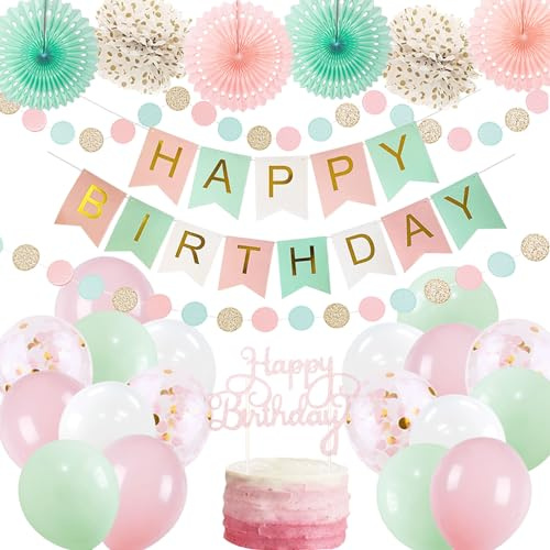 Mint Rosa Geburtstagsdeko Happy Birthday Girlande Hellrosa Torten Deko Papier Pompons Mintgrün Pastellfarben Mintgrün Geburtstag 29 Stk. Party Dekoration für Frauen