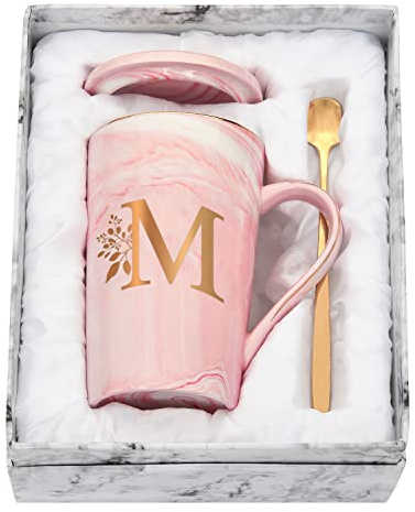 Joymaking Personalisierte Tasse mit Buchstaben Kaffeetasse mit Blumen Motiv, Namen Initiale persönliche Geschenke Kaffeetasse für Frauen Freundin, M - 400ml Rosa