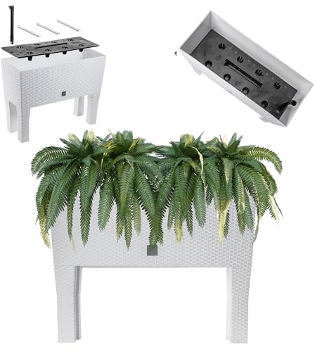 KADAX Blumentopf auf Beinen, Hochbeet aus Kunststoff in 2 Größen, Pflanzkasten in Rattanmotiv, Blumenkasten für Garten, Balkon, Terrasse, Pflanztrog, Kräuterbeet (80cm / weiß)