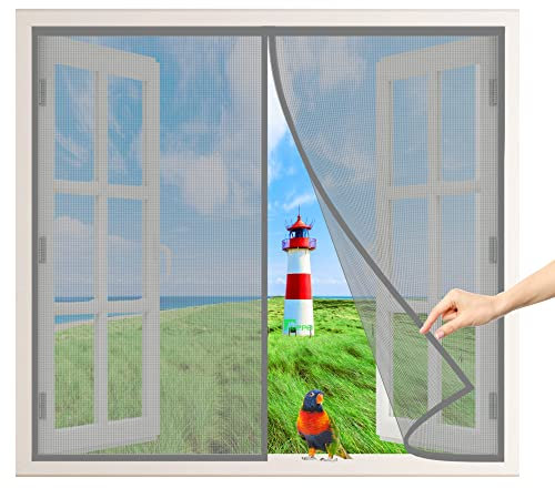 Klemm Lamellenvorhang Fliegengitter Insektenschutzvorhang, 155x160 cm Easy Install Magnet Vorhang Fliegenvorhang Moskitonetz Insektenschutz Fenstervorhang, Grau P