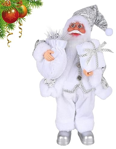 Jodsen 30cm Christmas Santa Standing Ornament,Christmas Santas Figurine Decoration,Traditional Realistic Santa Claus Figure for Window Table Home Display Christmas Party Decoration (Silver)