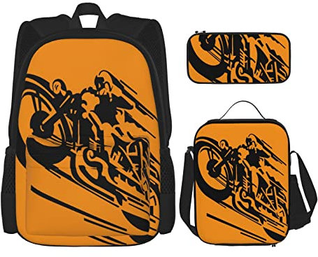 BAAROO 3-teiliges Set Rucksäcke Retro Motorrad Nostalgie Era Rider Hipster Autocycle Speeding Passion Book Tasche Reise Arbeit Schule, farbe, 5.0cm*10.5cm*20.5cm, federmäppchen