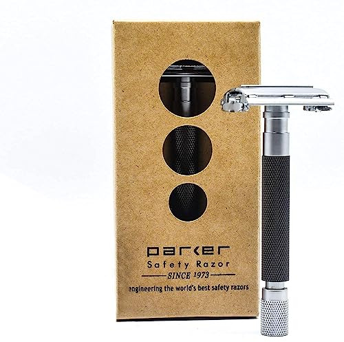Parker Safety Razor, Parker 74R Graphitgrau – Langer Griff, schwer, Schmetterlings-offen, doppelschneidig, Rasierhobel für Herren