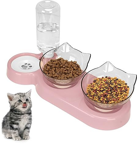 Tilted 15° Cat Bowl, Detachable Adjustable Cat Food Bowl with Stand, Cat Floating Water Bowl with Gravity Water Feeder, Anti-spill Pet Food Feeding Bowl for Cat and Puppy (pink)