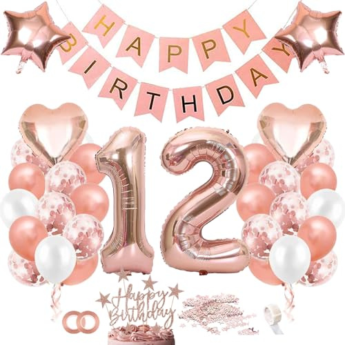 TOPHOPE Luftballon 12. Geburtstag Roségold Folienballon Luftballon Zahlen Geburtstagsdeko 12 Jahr Riesen Folienballon Zahl 12 Ballon 12 Deko zum Geburtstag Roségold Happy Birthday
