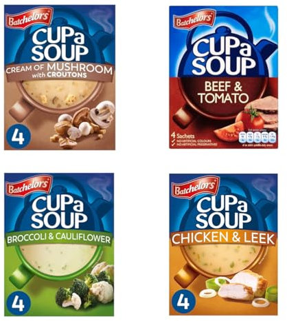 Cuppa Soup Variety Bundle - 4 Delicious Flavours - with Batchelors Cup a Soup Beef & Tomato, Chicken & Leek, Broccoli & Cauliflower, and Mushroom - 16 Sachets in Total - Ready in Minutes