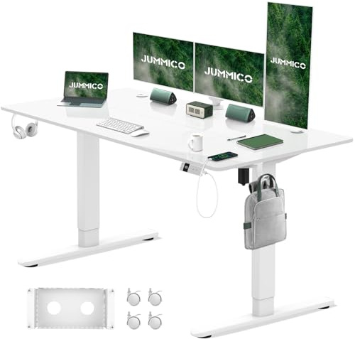 JUMMICO Elektrisch Höhenverstellbarer Schreibtisch 160x80 cm mit Ladestation, Höhenverstellbarer Computertisch mit Kabelmanagement, Ergonomischer Sitz-Steh-Schreibtisch Höhenverstellbarer Tisch, Weiß