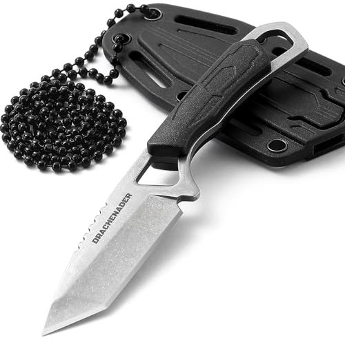 DRACHENADER Neck Knife Tanto Messer feststehend klein Fulltang Outdoor Mini-Messer mit Kunststoffscheide