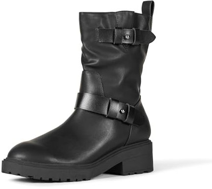 Amazon Essentials Women's Mid Calf Cropped Biker Boot, Faux Leather, Anti Slip, Black, 8.5