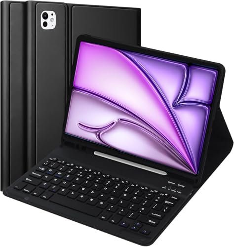 KTOITION Funda de teclado para iPad Air de 13 pulgadas (M3 2025, M2 2024), teclado Bluetooth desmontable inalámbrico con diseño del Reino Unido con funda protectora delgada y soporte para lápiz para