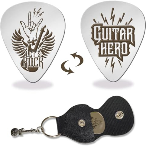 arricraft 1 Pc Médiators en Acier Inoxydable Let'S Rock Guitar Hero Plectrum avec Support en Cuir Plectres de Guitare pour Joueur de Guitare Médiator à Poignée en Métal pour Basse Électrique