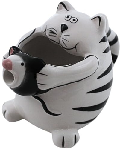 Bricco per latte in ceramica, per la crema, per latte in ceramica, per il latte in porcellana come gatto con topo in mano, dimensioni: L x P 13 x 8 x 9 cm.