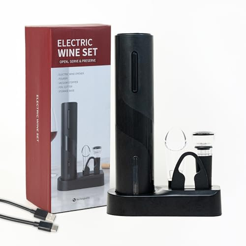 elTeeCee Abridor eléctrico de botellas de vino, sacacorchos recargable, cortador de aluminio, aireador y vertedor, tapón de vino al vacío con base de almacenamiento, juego de regalo de vino