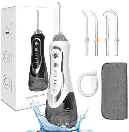 EVISTR Wasser Flosser für Zähne - Cordless Oral Irrigator 300ML 4 Jet-Tipps - Elektrische Wasser Zahnseide Zahnreiniger für Home Travel oder kleine Badezimmer (weiß)