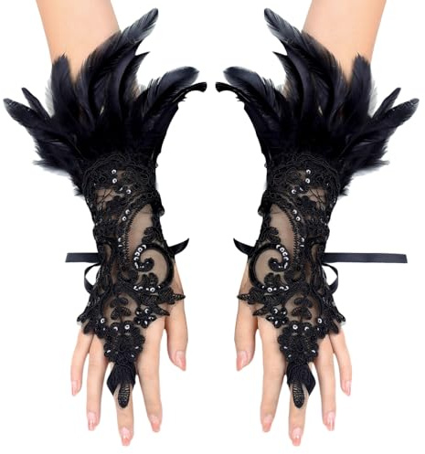 Aoreun Damen Schwarz Feder Spitze Fingerlose Lange Handschuhe,Gothic-Netzhandschuhe Fingerlose Hexenhandschuhe Ärmel,Maleficent Kostümzubehör für Halloween Hochzeiten Karneval Gotische Kleiderparty