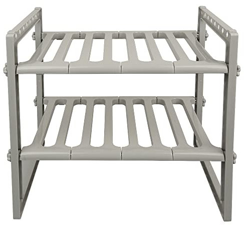 Scaffale Sottolavello Stoviglie– Stoviglie Ripiano PP rack estensibile organizzatore sotto il lavello scaffale espandibile di stoccaggio, 2 livelli, per cucina, bagno-38-70*26*38 cm (grigio)