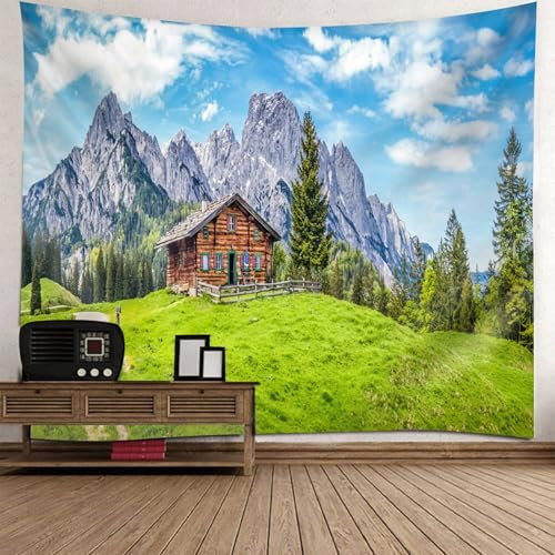 Lirzxin Wandbehang Wald Natur, Wandtücher Grün Grau Blau Holzhaus Berg Wald Landschaft Tapisserie Wandbehang Tapestry für Schlafzimmer Tagesdecke Zimmer Wohnzimmer Wanddeko, 240x220CM