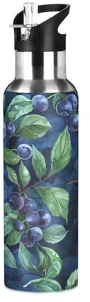 Ewusp Blueberry Bouteilles d'eau isothermes avec couvercle à paille - 650 ml - En acier inoxydable - Double paroi - Anti-fuite - Pour le cyclisme en plein air, le fitness