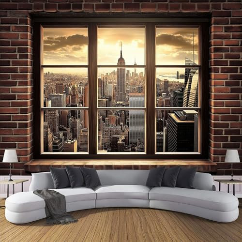 DLERFLOVR Autoadhesivo Papel Pintado - Ventanas Retro Ciudad Al Atardecer Patrón Pegar Papel De Contacto, Adhesivo Mural Para Pared Salón Cocina Pasillo Comedor Decoración 400X280Cm