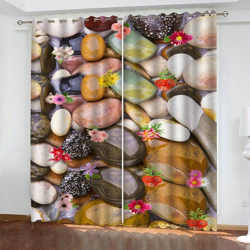 Bishilin Vorhänge Blickdicht mit Ösen 214x274CM, Verdunklungsvorhänge 2er Set Modern Kieselsteine und Blumen Gardinen Polyester Schlafzimmer Kinderzimmer Jugendzimmer