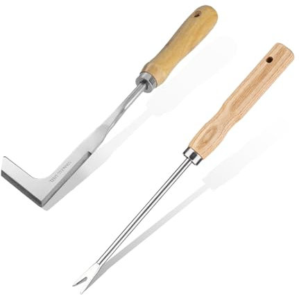 Weed Remover Tool - 2 PCS Patio Garden Weeding Puller with Serrated Edge, Wood Handle Stainless Steel Weed Tool Set with Root Picker, L-Shaped Weed Puller for Greenbelt Farm Removing Moss Dandelion