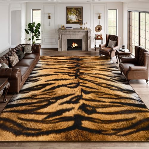 DweIke Tiger Rugs for Living Room, 4x6 Soft Faux Animal Tiger Print Area Rug, Washable Non-Slip Stain Resistant Throw Carpet for Dining Room Office Western Home Decor