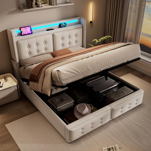 LAKFEW Doppelbett Polsterbett 180x200 cm mit LED-Kopfteil und USB-Typ-C, Hydraulisch Bett mit Stauraum, Bettgestell mit Lattenrost aus Holz, Schlafzimmer Möbel, Ohne Matratze, Leinen, Beige