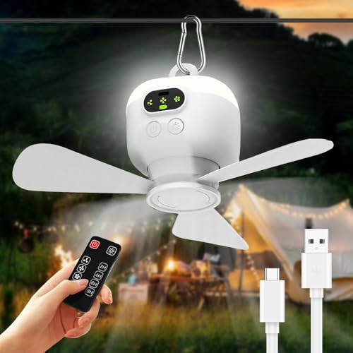 Ventilatore da Campeggio con Luce, Ventilatore da Soffitto con Luce e Telecomando, Lampada da Campeggio LED con Ventilatore Ricaricabile USB, Timer, Velocità Regolabili, per Tenda, Campeggio (28 cm