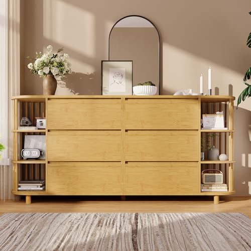 FammyLoft Sideboard Wohnzimmer mit 6 Schubladen & Offene Regale, Buffetschrank mit Säulen & Bambus-Regalen, 160×40×75cm, Modern Wohnzimmerschrank für Schlafzimmer & Flur, Eiche
