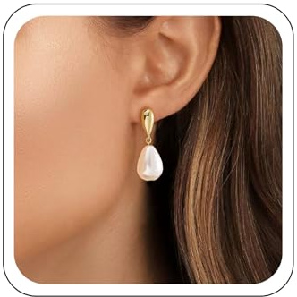 Asdinbrettan Pendientes colgantes de perlas en forma de lágrima de oro, delicados pendientes colgantes de perlas en forma de pera, joyería minimalista y elegante para mujer, perfectos para uso diario