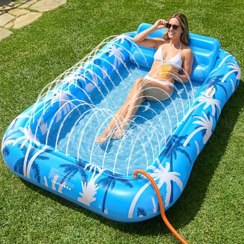 Inflatable Tanning Pool Lounger Float with Sprinkler 77 x 48 Large Pool Float Adults with Backrest Cup Holder Blow Up Tanning Bed for Summer Sunbathing Water Lounge