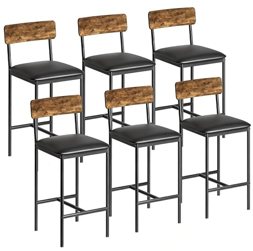 GarveeMore Juego de 6 Sillas de Bar con Respaldo de Madera Roble Oscuro, Sillas Altas Resistentes para Cocina, Bar y Salón, 42×37×95 cm, Negro