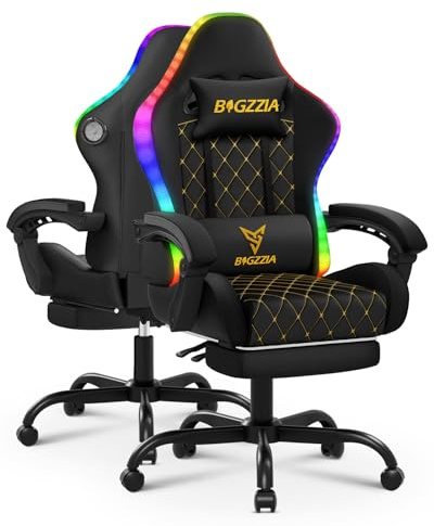 Bigzzia Gaming Stuhl LED, Ergonomischer Gaming Chair mit Bluetooth Schwarz | Mit Fußstütze/Kopfstütze/Lendenwirbelstütze, 90°–135°Verstellung, Zocker Stuhl für Arbeit Freizeit Gaming, aus PU-Leder