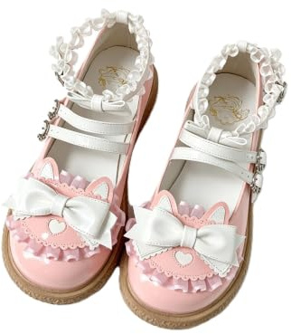 Jemnpela Mary Jane-skor för kvinnor, Lolita, JK, platta skor med rosett, spets, rund tå-spänne, söt Kawaii vardagliga pumpar för dejter, bröllop, cosplay, skola, resefest