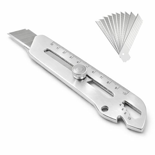 Cutter Multi-Usage de Précision avec 10 Lames de Rechange – Couteau en Acier Inoxydable Idéal pour le Découpage de Papier, Moquette et Plus! Poignée Ergonomique pour un Usage Sûr