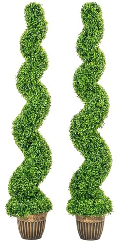 HOMCOM Set of 2 Decorative Artificial Plants Topiary Spiral Boxwood Trees in Pot, Fake Plants for Home Indoor Outdoor Decor, 150cm, Green