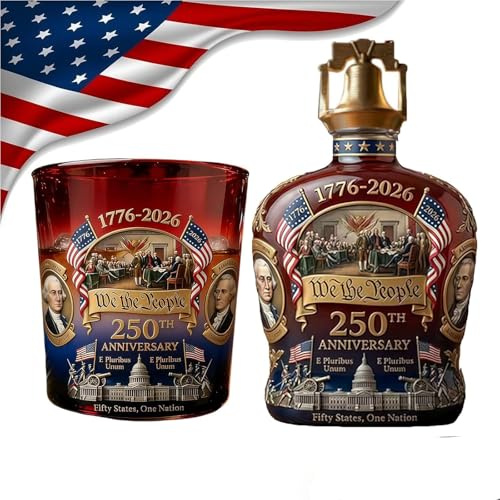 U.S. 250th Anniversary Commemorative Whiskey Bottle,250 Anniversary Decanter,Declaration of Independence Printed Glasses,Patriotic Collector for Anniversaries & History Lovers (Bell Lid Style)