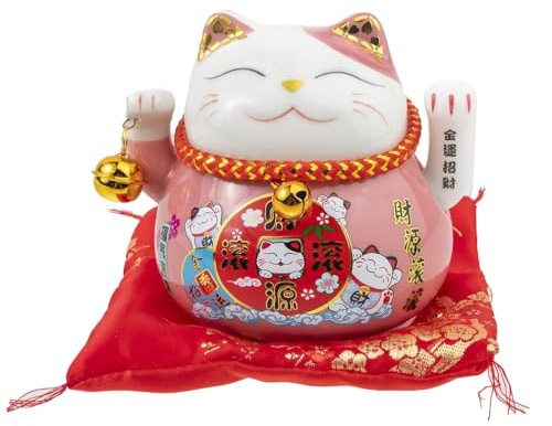 Lachineuse – Estatuilla de Gato Maneki Neko – Símbolo Fortune – Brazo móvil – Puerta de la Suerte Tradicional Japonesa – 10 x 12 x 10 cm – Porcelana, Rosa – Pila LR03 no incluida