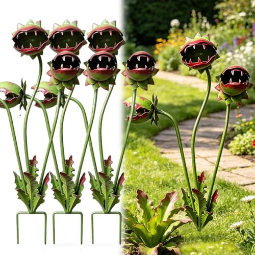 Hiphiprun Skurrile fleischfressende Pflanze, Gartenstecker, Venusfliegenfalle, Monster, dekorative Pflanzenskulptur, Stäbe für den Außenbereich, Terrassen, Rasen, Pflanzgefäße, Blumenbeete