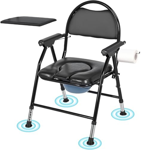 4-in-1 Commode Chair for Elderly & Disabled, Heavy Duty 300kg Folding Shower Chair, Height Adjustable Bedside Toilet with Padded Seat & Bucket, Portable Raised Toilet Seat for Adults