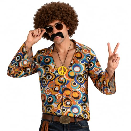Wicked Costumes Adult Mens Groovy Hippie Shirt and Peace Medallion Fancy Dress Costume for Parties, Festivals & Concerts - Medium