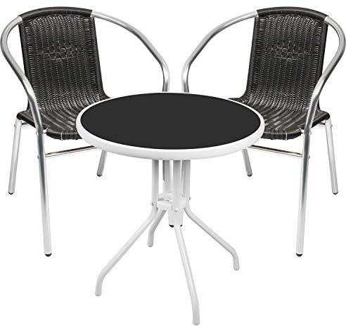 Mojawo® Bistrogarnitur 3-teilig Bistrotisch Metall/Glas weiß Bistroset rund Ø60cm + 2 Stapelstühle Aluminium/Rattan Schwarz