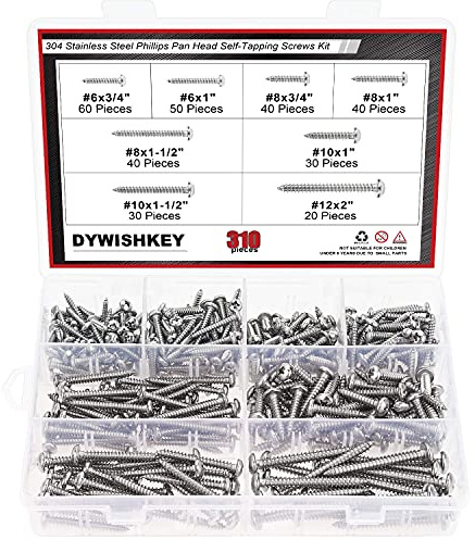 DYWISHKEY 310 Pieces #6#8#10#12 Stainless Steel 304 Phillips Pan Head Self-Tapping Screws, Wood Screws Assortment Kit