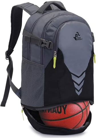Bseash 35 L basketryggsäck stor sportväska med separat bollfack, för basket fotboll volleyboll simning gym resor (svart grå)