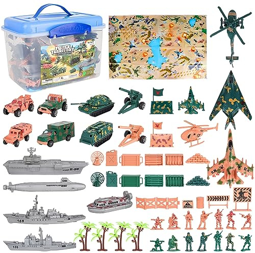 deAO Militär Set mit 56 Zubehörteilen mit Karte, Soldatenfiguren, Militärfahrzeugen, Flugzeugen und Kampfflugzeugen - tolles Spiel für kleine Abenteurer und Abenteurer