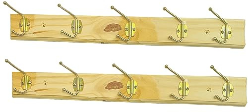 Lizzy Wall Mounted Coat Hanger | 5 Double Metal Hooks | Wooden Board Wall Mounted Coat Hook Rack Hanger | Pack of 2 (Natural Pine Wood)